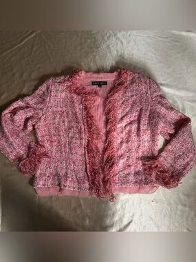 Vintage Albert Nipon Pink Tweed Fringe Open Blazer Jacket 100% Silk Lining Sz14p